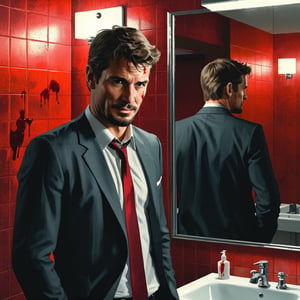 a photo of 30 years old handsome male detective in formal suit, in a bathroom stall, scene from psycho-thriller, looking at a mirror, his reflection in the mirror is stained in blood and has an evil smile, hands in pocket, (high detailed skin:1.2), 8k uhd, dslr, bokeh, red light, high quality, Fujifilm XT3, sharp focus, by pascal blanche rutkowski repin artstation hyperrealism painting concept art of detailed character design matte painting, 4 k resolution,kyle_hyde