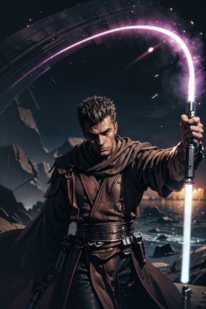 1 man, image of a mature man who looks like "Guts" from Berserk in Jedi robes, holding a purple lightsaber in his right hand, with a cybernetic left arm, dynamic pose, ready for battle, mature, 40 years old, short hair, white streak in his hair, correctly wielding a lightsaber, light_saber, purple lightsaber, black dress, cloth pieces, on a dark planet, artistic sky in the background, into the dark, deep shadow, cinematic, masterpiece, best quality, high resolution 