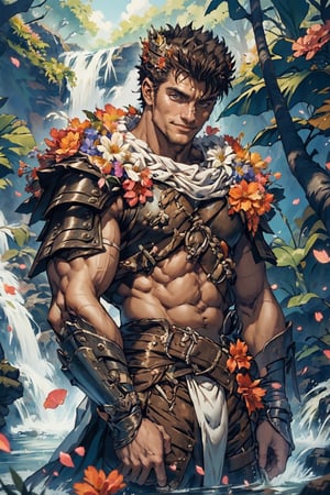 flower4rmor, flower barbarian armor, front view image of "Guts" from Berserk wearing flower barbarian armor, in a fantastic glade with many wildflowers, next to a waterfall, sunny summer day, short hair, crown of flowers on his head, flower petals in the wind, facing the viewer, turned towards the viewer, happy expression, smiling at the viewer, expressive brown eyes, harness, bare chest, very hairy chest, realistic, masterpiece, high quality, intricate details, detailed background, depth of field, mature, 40 years old, detailed face, Pectoral Focus