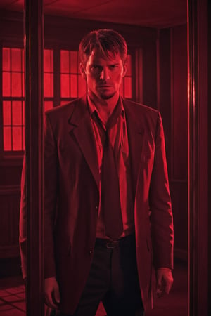 A handsome male detective, seen through a glass window, enveloped in red light and a Crimson Wash, exuding Turbulent Serenity, directed towards a Vanishing Point, bare chest, injured, bleeding, red room, scene from psycho thriller movie  --style raw ,kyle_hyde