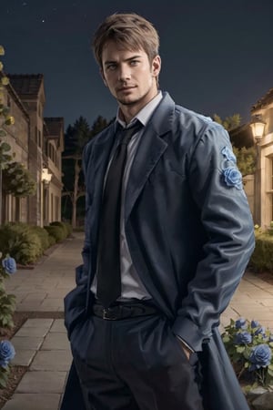 (1 image only), solo male,Kyle Hyde, detective, depict an image of a man who looks like "Kyle Hyde" in a garden of blue roses during nighttime waiting for someone for a secret romantic date, standing under a rose arch, a lot of blue flowers (roses) in the background, white collared shirt and black necktie, a beautiful blue rose in his shirt's breastpocket, mature, manly, masculine,  confidence, charming, alluring, romantic, mischievous smile, looking at viewer, perfect anatomy, perfect proportions, 8k, HQ, (best quality:1.5, hyperrealistic:1.5, photorealistic:1.4, madly detailed CG unity 8k wallpaper:1.5, masterpiece:1.3, madly detailed photo:1.2), (hyper-realistic lifelike texture:1.4, realistic eyes:1.2), picture-perfect face, perfect eye pupil, detailed eyes, perfecteyes, mature, 40 years old, outside, nighttime, starry sky in the background, moon shines above, in a garden of blue roses, flower4rmor,kyle_hyde