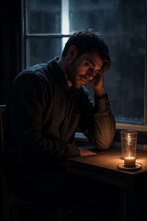 1 man, thin, stubble, sitting across the table, accross the table from viewer, pov, front view, facing viewer, looking at viewer, hazel eyes, hands on table, dark room, small apartment, withered flower, window with view of night, night, rain, shadows, in the dark, melancholy, depression, sad, hopeful, worried expression, candle light, cinematic lighting