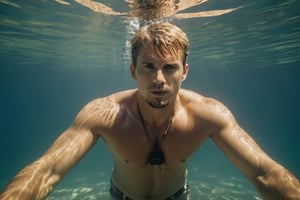 A handsome male detective, unbuttoned shirt, bare chest, full body, underwater shot, underwatter, sinking underwater in a lake, lying down at the bottom of a lake, looking up, sun shines through the water, erotic, homoerotic --style raw ,kyle_hyde,Movie Still