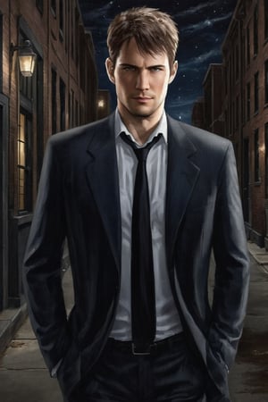 full body portrait, handsome detective, photorealistic, white collared shirt, black tie, walking towards viewer, solo,new york alley, night, starry sky,kyle_hyde