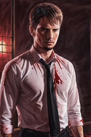 A handsome male detective, enveloped in scarlet light and Crimson Wash, white collared shirt, bleeding, injured, chasing the killer, scene from thriller movie --style raw ,kyle_hyde
