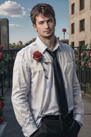 (1 image only), solo male,Kyle Hyde, detective, white collared shirt and black necktie, a red rose in his shirt's breastpocket, mature, manly, masculine, confidence, charming, alluring, romantic, slight smile, looking at viewer, perfect anatomy, perfect proportions, 8k, HQ, (best quality:1.5, hyperrealistic:1.5, photorealistic:1.4, madly detailed CG unity 8k wallpaper:1.5, masterpiece:1.3, madly detailed photo:1.2), (hyper-realistic lifelike texture:1.4, realistic eyes:1.2), picture-perfect face, perfect eye pupil, detailed eyes, perfecteyes, mature, 40 years old, outside, sunny summer day, in a rose garden, kyle_hyde,flower4rmor