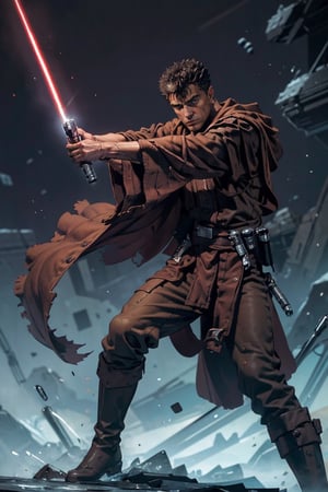 1 man, image of a mature man who looks like "Guts" from Berserk in Jedi robes, holding a purple lightsaber in his right hand, dynamic pose, ready for battle, mature, 35 years old, short hair, correctly wielding a lightsaber, light_saber, purple lightsaber, black dress, cloth pieces, on a planet of ice
