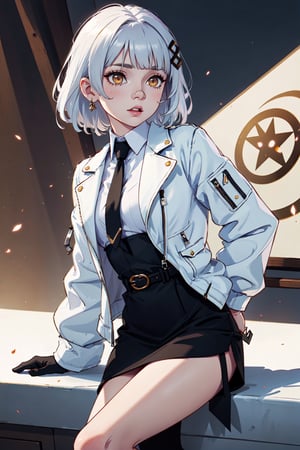 BBHACHI, golden_eyes , white_hair , HAIR ORNAMENT, BANDAID ON NOSE, WHITE SHIRT, BLACK NECKTIE, WHITE JACKET, OPEN JACKET, CROPPED JACKET, LONG SLEEVES, BLACK GLOVES, BLACK SKIRT, HIGH-WAIST SKIRT, BELT, SINGLE THIGHHIGH