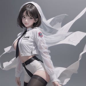 bbhachi, bobcut hair, simple background, transparent background, white background, masterpiece, best quality, official art, beautiful and aesthetic:1.2), (1girl:1.3) (detailed face, detailed skin texture, ultra detailed body), (cinematic light: 1.1), r0seb7rne-smf, masterpiece, ok, 1 girl, long bobcut white_hair , HAIR ORNAMENT, medium hair, big breasts, perfect eyes, golden_eyes, perfect anatomy, suggestive smile, parted lips, milf, young woman, teenage, contrapposto, sweet look, dinamic pose, looking at viewer, two sides up, nun, veil, WHITE TRANSPARENT SHIRT, BLACK NECKTIE, WHITE JACKET, OPEN JACKET, CROPPED JACKET, LONG SLEEVES, BLACK GLOVES, BLACK SHORT SKIRT, HIGH-WAIST SKIRT, BELT, SINGLE THIGHHIGH, stomach, perfect nipples, torn pantyhose, torn pantyhose, crotchless, thick curvy thighs, white hair, (((open jacket and white transparent shir))),Brown hair , anime, cartoon,niji