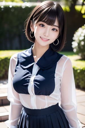 surreal, ultra quality, RAW-photo, 8K photo quality, 
anatomically correct, 
(Thin waist and large busty style body, detailed girl, Realistic Japanese girl, 16-years-old, Height 150cm, Kawaii Japanese, angelic beauty), 
(maiko, Round face, Black hair, Black eyes, Moist eyes, Short bob cut, Bangs, Down-slating eyebrows, one little earring, angelic beauty, look at camera, look at viewer), 
(look at camera, look at viewer), 
(look of love, sexual temptation, parted lips, open your mouth), 
Long sleeve white button down shirt, navy pleated skirt, thighs, 

Natural lighting