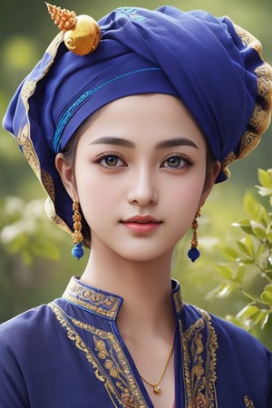 ((best quality)), ((masterpiece)), ((ultra-detailed)), extremely detailed CG, (illustration), ((detailed light)), (an extremely delicate and beautiful), a girl, solo, ((upper body,)), ((cute face)), expressionless, (beautiful detailed eyes),  (Vertical pupil:1.2), depth of field,  wearing (dark blue) paoh traditional dress, turban, rokiah dress, more detail XL,more detail XL