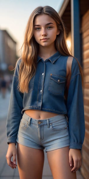 Ultra-detailed portrait of a stunning 19-year-old girl with long hair, posing confidently in an Instagram-inspired pose. Standing tall, she gazes directly into the lens with perfect lighting casting a warm glow on her features. Her denim relaxed shorts are mid-wash blue, accentuating her toned legs and youthful charm. The overall framing is sharp and crisp, showcasing the masterpiece's high resolution and intricate details.