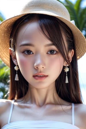 background is beach,sand,tropical forest,
20 yo, 1 girl, beautiful korean girl,standing,
wearing white simple summer dress(red flower pattern,strap),cloth flowing by wind, hold women hat with hands,smile, solo, {beautiful and detailed eyes}, dark eyes, calm expression, delicate facial features, ((model pose)), Glamor body type, (dark hair:1.2), simple tiny earrings, flim grain, realhands, masterpiece, Best Quality, 16k, photorealistic, ultra-detailed, finely detailed, high resolution, perfect dynamic composition, beautiful detailed eyes, eye smile, ((nervous and embarrassed)), sharp-focus, full_body, cowboy_shot,