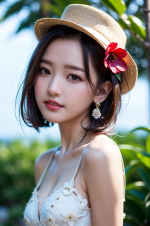 background is beach,sand,tropical forest,
20 yo, 1 girl, beautiful korean girl,standing,
wearing white simple summer dress(red flower pattern,strap),cloth flowing by wind, hold women hat with hands,smile, solo, {beautiful and detailed eyes}, dark eyes, calm expression, delicate facial features, ((model pose)), Glamor body type, (dark hair:1.2), simple tiny earrings, flim grain, realhands, masterpiece, Best Quality, 16k, photorealistic, ultra-detailed, finely detailed, high resolution, perfect dynamic composition, beautiful detailed eyes, eye smile, ((nervous and embarrassed)), sharp-focus, full_body, cowboy_shot,