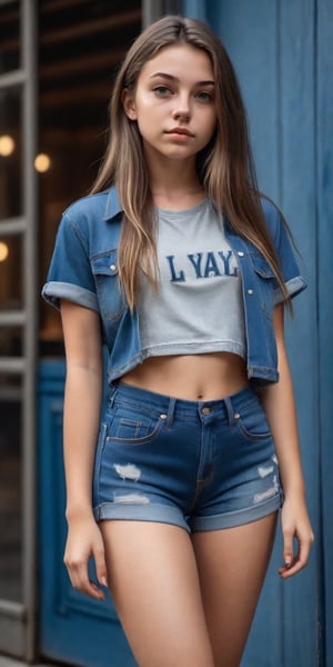masterpiece, best quality, ultra detailed, high resolution, intricately detailed, perfect lighting, 1 girl, 19 year, long hair, wearing denim relexed shorts in midwash blue, standing and looking at the camera, Instagram pose