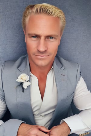 elegant person in tailored suit , front face view, white skin, blonde_hair, realisti_face, (perfect_chest), face