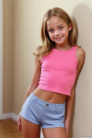 Shot in a bedroom . Softbox lighting creates a warm glow on the subject's face, highlighting her innocent features. The petite blonde tween girl, dressed in a trendy childish style outfit featuring low-waisted short micro-hotpants and a cropped-skin-tight-t-shirt, strikes a playful pose with one hand resting on her hip. Her bright smile and carefree expression radiate confidence as she oses her youthful naughty david-hammilton style.