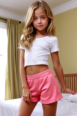 Shot in a bedroom . Softbox lighting creates a warm glow on the subject's face, highlighting her innocent features. The petite blonde tween girl, dressed in a trendy childish style outfit featuring low-waisted short micro-hotpants and a cropped-skin-tight-t-shirt, strikes a playful pose with one hand resting on her hip. Her seriuos,nervous and tense expression radiate concern as she poses her youthful naughty david-hammilton style.