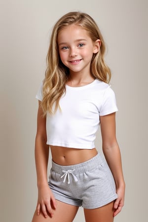 Shot in a bright studio setting with a minimalist backdrop of white walls and polished concrete floor. Softbox lighting creates a warm glow on the subject's face, highlighting her innocent features. The petite blonde tween girl, dressed in a trendy childish style outfit featuring low-waisted short micro-hotpants and a cropped-skin-tight-t-shirt, strikes a playful pose with one hand resting on her hip. Her bright smile and carefree expression radiate confidence as she oses her youthful naughty david-hammilton style.