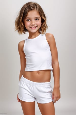 Shot in a bright studio setting with a minimalist backdrop of white walls and polished concrete floor. Softbox lighting creates a warm glow on the subject's face, highlighting her innocent features. The petite tween girl, dressed in a trendy childish style outfit featuring high-waisted short hotpants and a wet t-shirt, strikes a playful pose with one hand resting on her hip. Her bright smile and carefree expression radiate confidence as she showcases her youthful naughty style.