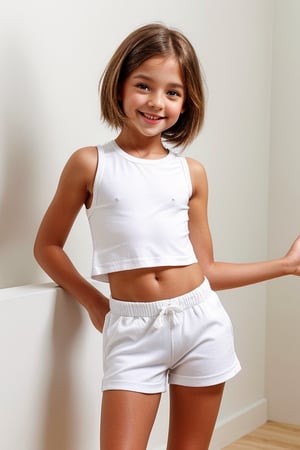 Shot in a bright studio setting with a minimalist backdrop of white walls and polished concrete floor. Softbox lighting creates a warm glow on the subject's face, highlighting her innocent features. The petite tween girl, dressed in a trendy childish style outfit featuring high-waisted short hotpants and a wet t-shirt, strikes a playful pose with one hand resting on her hip. Her bright smile and carefree expression radiate confidence as she showcases her youthful naughty style.