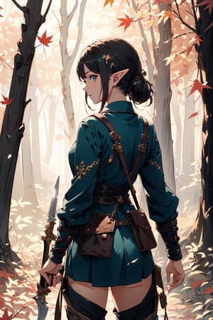 (masterpiece, top quality, best quality, official art, beautiful and aesthetic:1.2), (volumetric lighting), 1girl, solo, elf, warrior with melee weapon, standing, from behind, cowboy shot, looking back, nice hands, perfect hands, autumn forest, fantasy, sunny day, outdoors, nature, falling leaves