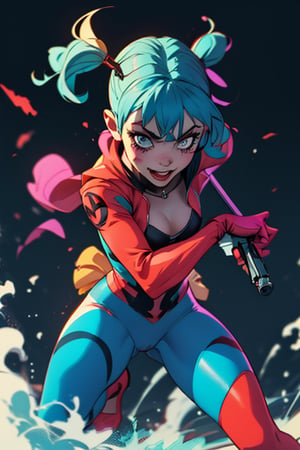 Harley Quinn in a skin tight  suit in a  action pose and in her at her hand a revolver gun