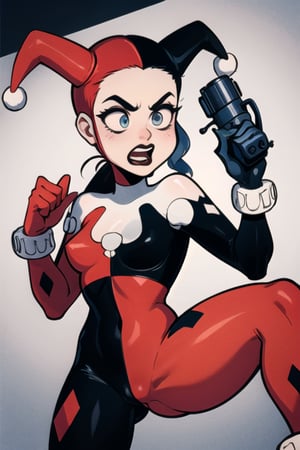 Harley Quinn in a skin tight beaten up suit in a  in  fighting pose and in her at her hand a revolver gun,Harley,hq1992