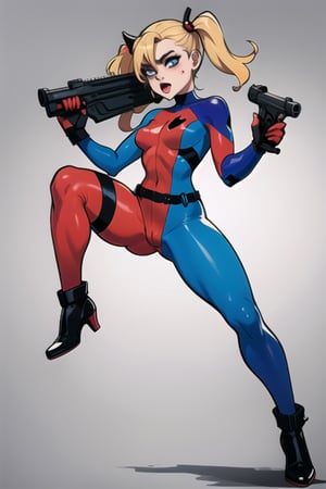 Harley Quinn in a skin tight beaten up suit in a  in  action pose and in her at her hand a revolver gun