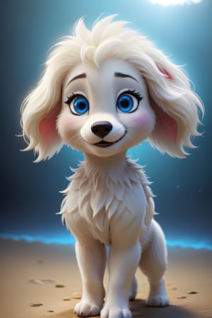 jellyfish character,a cute white female dog slime, smooth short body,blue eyes,long smooth hair,realistic,standing,happy,disney style,make_3d,clean geometry,stylised fur,stylised hair