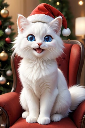 pixar,furry art,a cute white female cat, smooth short body,blue eyes,long smooth hair,realistic,happy,wearing a christmas hat,sitting on a chair, christmas theme