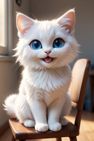 pixar,furry art,a cute white female cat, smooth short body,blue eyes,long smooth hair,realistic,happy,sitting on a chair