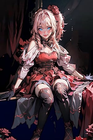 ((full body)), rosemi mixed with ruanyi0187, best quality,masterpiece,highres,official art,extremely detailed cg unity 8k wallpaper, 1girl, smiling, blushing cheeks, (thorns),flower in her hair, short puffy sleeves, cutouts on the shoulders, corset, red dress, dark green gloves, black thigh-high stockings, black bow, nodf_lora,rosemi1st