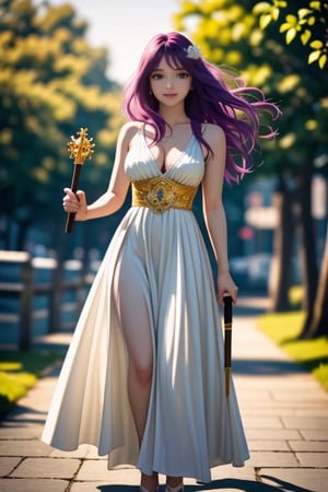 (full body),masterpiece, 1 girl,solo,very bright backlighting,{beautiful and detailed eyes},dazzling sunlight,calm expression,natural and soft light,purple hair, hair blown by the breeze,delicate facial features,eye smile,lips smile,one_breast_out, film grain,realhands, (wearing white dress with golden intricate details), (staff), (holding staff), shot in fantasic sunlight public park,(cowboy shot:1.2),Saori,one breast out,<lora:659111690174031528:1.0>