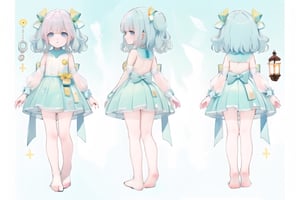 full body, masterpiece, best quality, character sheet, solo, multiple view, blank_background, bare feet, bare legs, flat_chested, solo, pink pillow, light_blue, yellow,chara-sheet, 
