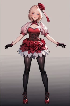 ((full body)), rosemi mixed with ruanyi0187, best quality,masterpiece,highres,official art,extremely detailed cg unity 8k wallpaper, 1girl, smiling, blushing cheeks, (thorns),flower in her hair, short puffy sleeves, cutouts on the shoulders, corset, red dress, dark green gloves, black thigh-high stockings, black bow, white background,<lora:659111690174031528:1.0>