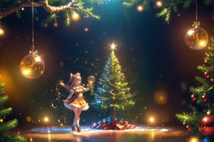 Fantasy photorealistic art of a cute girl in a festive costume standing on the floor tries to hang a beautiful glass sphere on a branch of a Christmas tree, Christmas attributes, cinematic shot, soft light, amber light, magic atmosphere , flying particles, thm style, Anime,hentai,catgirl,,<lora:659095807385103906:1.0>