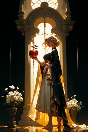 score_9,score_8_up,score_7_up, solo, A serene Hellenistic-inspired marble statue of a woman stands solo against a dark backdrop, bathed in soft golden lighting that casts a gentle glow on her tranquil features. (Barefoot and holding a radiant apple made of gold), the sculpture's flowing cream-colored gown with white flowers scattered across the skirt billows softly. Closed eyes and slightly curved lips convey wistful longing as she gazes to the left, exuding sorrow and nostalgia.,sculpture style