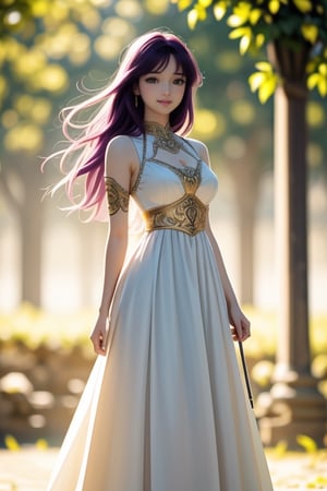(full body),masterpiece, 1 girl,solo,very bright backlighting,{beautiful and detailed eyes},dazzling sunlight,calm expression,natural and soft light,purple hair, hair blown by the breeze,delicate facial features,eye smile,lips smile,one_breast_out, film grain,realhands, (wearing white dress with golden intricate details), (staff), (holding staff), shot in fantasic sunlight public park,(cowboy shot:1.2),Saori,<lora:659111690174031528:1.0>