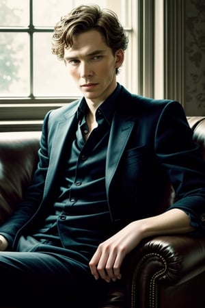 Masterpiece, best quality, photorealistic, upper body, (solo), Combine Cillian Murphy Tom Hiddleston and Benedict Cumberbatch in one person, photo of perfecteyes eyes, reclining on couch, simple background,perfect light,<lora:659111690174031528:1.0>