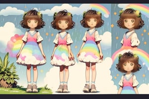 (1girl, loli:1.3,cute girl:1.2, cos:1.2),(best quality, masterpiece, perfect face), preteen girl, small tits, full body, raytracing, blank_background, character_sheet, multiple views, brown hair, brown eyes detailed, round eyewear, short hair, white and green cute clothes with clouds rain rainbow and small cartoon frogs in the pattern,<lora:659111690174031528:1.0>