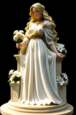 A serene full body marble statue of a woman, draped in a flowing cream-colored gown with white flowers scattered across the skirt, stands solo against a basic black background, outdoors under soft, golden lighting that casts a gentle glow on her tranquil features. The 3D, Hellenistic-inspired marble sculpture exudes a sense of sorrow, with teary eyes closed and lips curving slightly upward, as if gazing wistfully to the left. Made of marble, the sculpture's gracefully carved details evoke a sense of marble skin, radiating an air of nostalgia and longing.,sculpture style