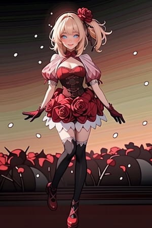 ((full body)), rosemi mixed with ruanyi0187, best quality,masterpiece,highres,official art,extremely detailed cg unity 8k wallpaper, 1girl, smiling, blushing cheeks, (thorns),flower in her hair, short puffy sleeves, cutouts on the shoulders, corset, red dress, dark_green, green gloves, black thigh-high stockings, black bow, pastelbg,<lora:659111690174031528:1.0>