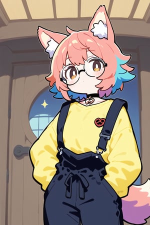 A cowboy shot of a confident individual wearing a bold, pastel bright yellow shirt with contrasting dark blue coveralls. Wolf ears and tail adorn her head and back, while round glasses and a black choker featuring the metal heart symbol add eclectic flair. Her brown eyes sparkle as she stands before a rustic wooden door, hands tucked into pockets, the vibrant color combination drawing attention.