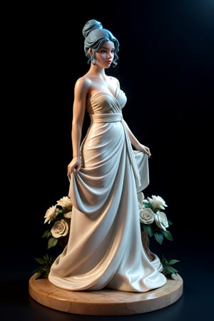 score_9,score_8_up,score_7_up, basic black background, outdoors, solo, 3D, marble sculpture, Hellenistic 1st century AD aesthetic, gracefully carved details, ,A serene marble statue of a woman, draped in a flowing cream-colored gown with white flowers scattered across the skirt. The subject's dark blue hair is coiled into a sleek bun, cascading down her back like a waterfall.  Soft, golden lighting illuminates the scene, casting a gentle glow on the statue's tranquil features.,sculpture style