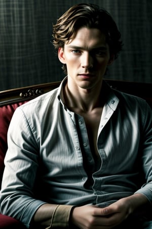 Masterpiece, best quality, photorealistic, upper body, (solo), Combine Cillian Murphy Tom Hiddleston and Benedict Cumberbatch in one person, photo of perfecteyes eyes, reclining on couch, simple background,<lora:659111690174031528:1.0>