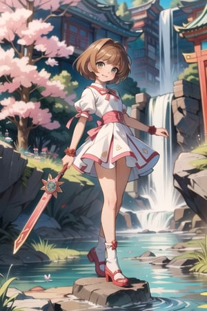 ((Masterpiece in maximum 16K resolution, in a style inspired by the anime Card Captor Sakura)). | Sasaki Rika, in a stunning all-white mage outfit adorned with pink details. Her short accordion skirt, white stockings with pink bands, and pink shoes complement the harmony of the look | The scene unfolds in an ancient temple near a majestic waterfall, featuring white marble structures, altars with ancient writings, and a variety of spirit animals. Sasaki is looking directly at the viewer, her ((brown eyes)) radiating confidence as she offers a ((captivating smile)). Her short brown hair with a large fringe in front of her right eye adds a contemporary touch to her image | The visual composition highlights the magic in the air, with appropriate lighting emphasizing the details of the outfit and the enchanted environment. | ((sasaki rika, in a mage outfit inspired by Card Captor Sakura, in a mystical setting of an ancient temple next to a waterfall):1.4). | {The camera is positioned very close to her, revealing her entire body as she assumes a pose, interacting with and leaning against a structure in the scene in an exciting way.} | (((She takes a pose as she interacts, boldly leaning on a structure, leaning back in an exciting way.))), (((((full-body_image))))), ((perfect_pose, perfect_anatomy, perfect_body)), ((perfect_finger, perfect_fingers, perfect_hand, perfect_hands, better_hands)), ((perfect_composition)), perfect_design, perfect_layout, perfect_detail, ((more_etail, ultra_detailed, Enhance)).