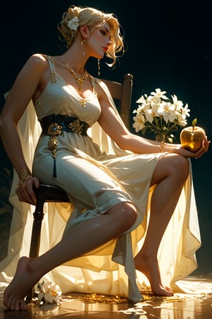 score_9,score_8_up,score_7_up, solo, A serene Hellenistic-inspired marble statue of a woman stands solo against a dark backdrop, bathed in soft golden lighting that casts a gentle glow on her tranquil features. (Barefoot and holding a floating gold shaped apple ), the sculpture's flowing cream-colored gown with white flowers scattered across the skirt billows softly. Closed eyes and slightly curved lips convey wistful longing as she gazes to the left, exuding sorrow and nostalgia.,sculpture style