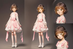 (1girl, loli:1.3,cute girl:1.2, cos:1.2),(best quality, masterpiece, perfect face, clamp \(circle\)), preteen girl, small tits, full body, raytracing, blank_background, character_sheet, multiple views, brown hair, brown eyes detailed, short hair, detailed romantic cosplay clothes