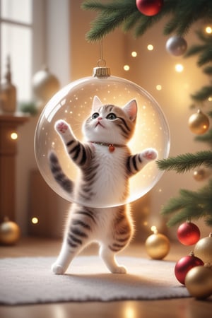 Fantasy photorealistic art of a cute cat Tom in a festive costume standing on the floor tries to hang a beautiful glass sphere on a branch of a Christmas tree, Christmas attributes, cinematic shot, soft light, amber light, magic atmosphere , flying particles, Christmas soks,thm style,Anime ,<lora:659095807385103906:1.0>